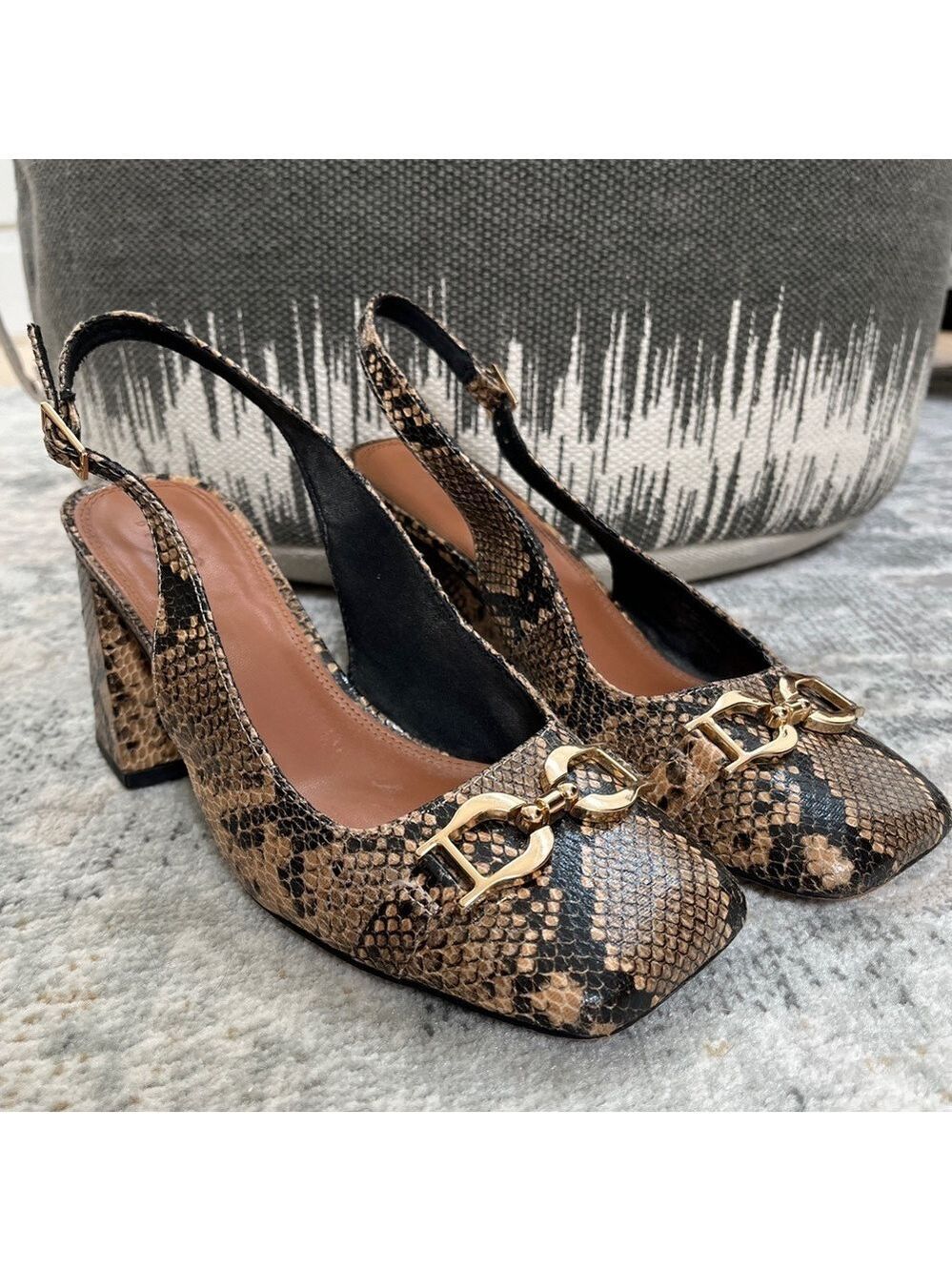 ASOS DESIGN Square Toe Snaffle Bit Detail Slingback Block Heel Shoes Snakeskin